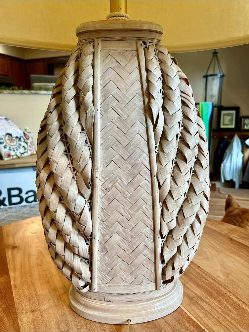 Vintage Handmade Sculptural Rattan Table Lamp with Tassel Accent